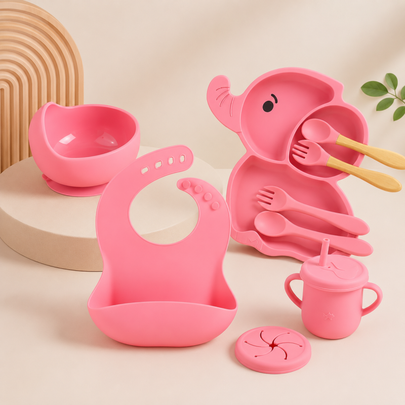 Set diversificare 10 Piese pentru bebeluși +6 Luni, din silicon fără BPA/lemn, cu ventuze anti-alunecare, Elara, Pink Elefant