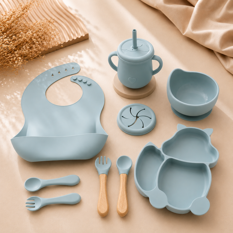 Set diversificare 10 Piese pentru bebeluși +6 Luni, din silicon fără BPA:lemn, cu ventuze anti-alunecare, Elara, Baby Blue Fox