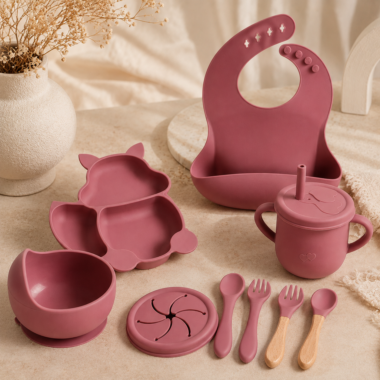 Set diversificare 10 Piese pentru bebeluși +6 Luni, din silicon fără BPA:lemn, cu ventuze anti-alunecare, Elara, Dark Pink Fox