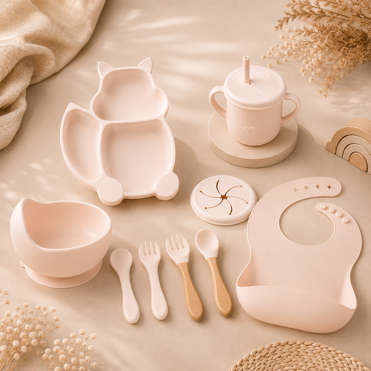 Set diversificare 10 Piese pentru bebeluși +6 Luni, din silicon fără BPA:lemn, cu ventuze anti-alunecare, Elara, Peach Fox Set diversificare 10 Piese pentru bebeluși +6 Luni, din silicon fără BPA:lemn, cu ventuze anti-alunecare, Elara, Peach Fox