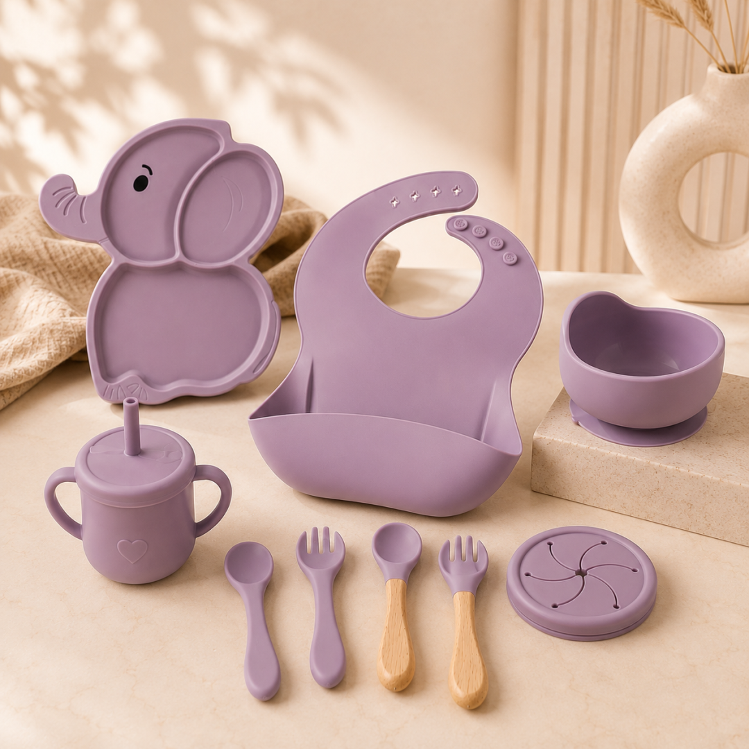 Set diversificare 10 Piese pentru bebeluși +6 Luni, din silicon fără BPA:lemn, cu ventuze anti-alunecare, Elara, Purple Elefant