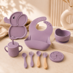 Set diversificare 10 Piese pentru bebeluși +6 Luni, din silicon fără BPA:lemn, cu ventuze anti-alunecare, Elara, Purple Elefant