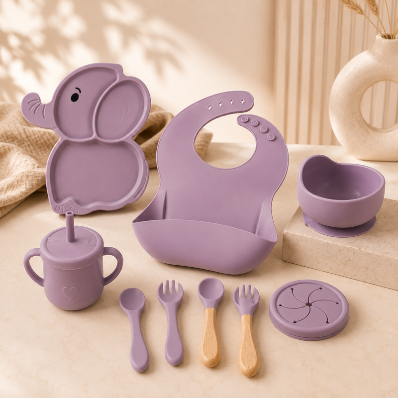 Set diversificare 10 Piese pentru bebeluși +6 Luni, din silicon fără BPA:lemn, cu ventuze anti-alunecare, Elara, Purple Elefant
