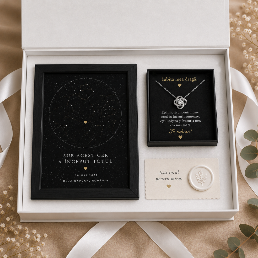 Set Cadou „Sub Acest Cer” – Tablou Stelar Personalizat & Colier cu Mesaj Romantic, Cutie Premium Albă